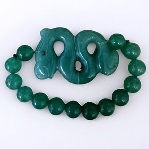 Green Jadeite Jade Beaded Stretch Bracelet Carved Dragon Charm 10mm Beads